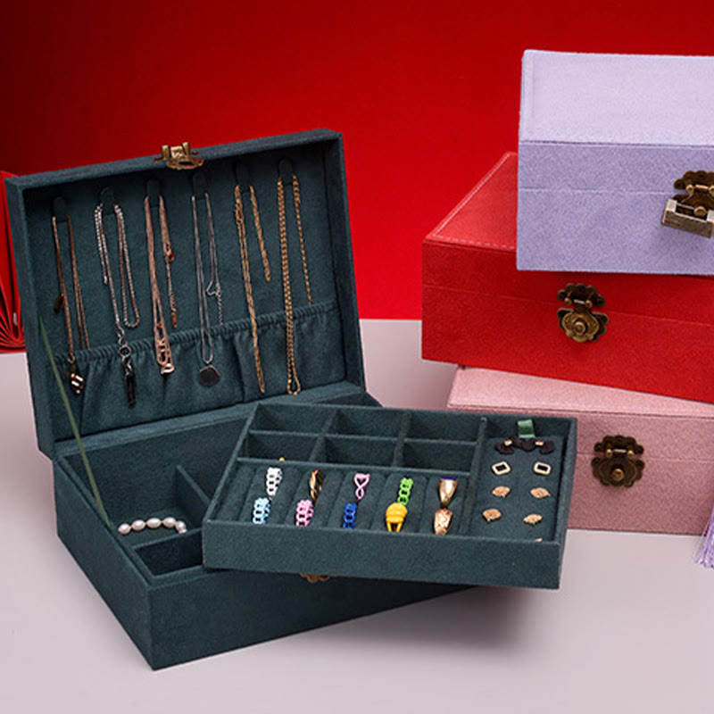 Caja organizadora de joyas de diseño Simple con Buddha Stones, caja de almacenamiento de joyas de dos capas, caja de franela con cerradura - image 5