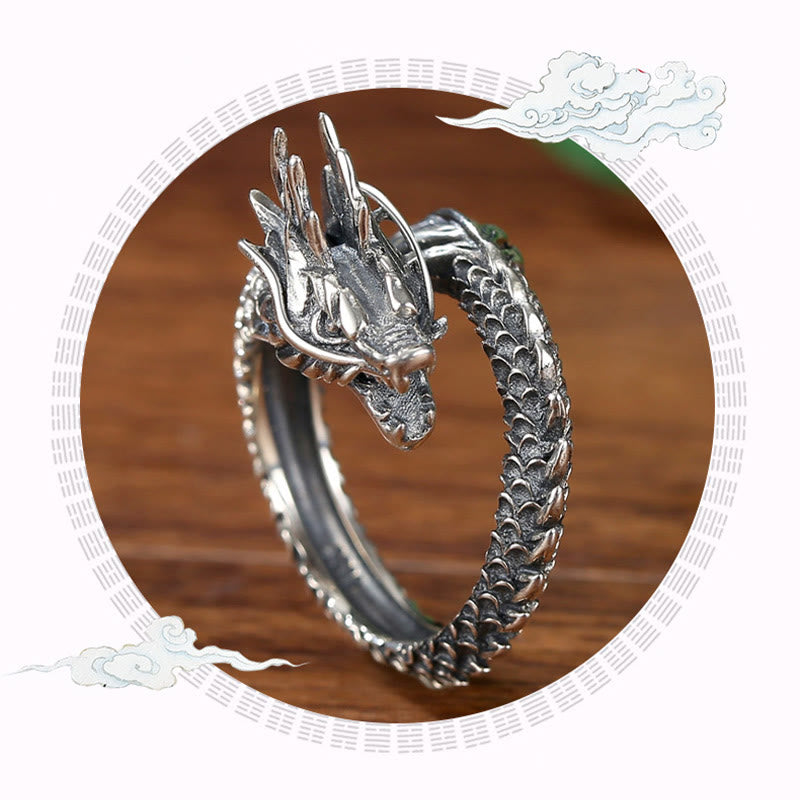 Anillo ajustable de plata de ley 925 con Buddha Stones , diseño de dragón vintage, protección del éxito, fuerza