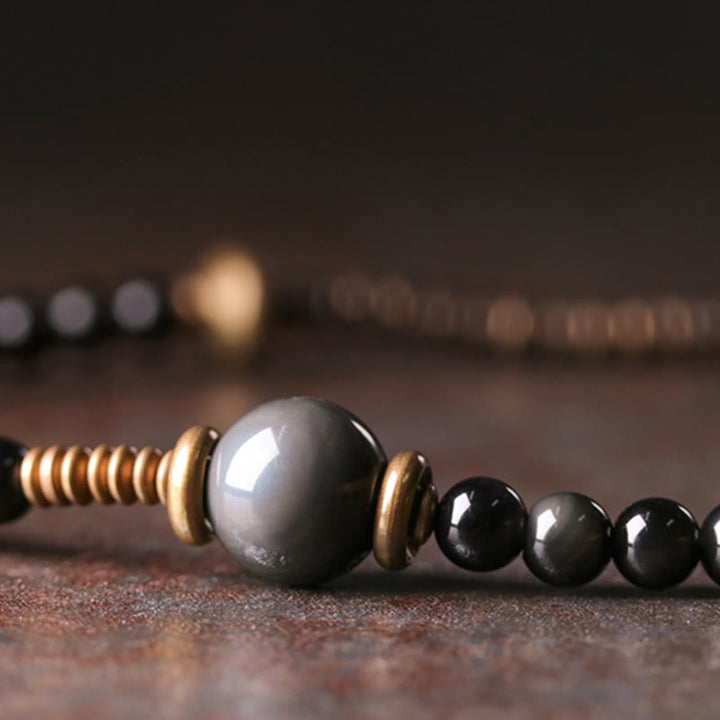 Pulsera multicapa positiva de cobre y madera de ébano, obsidiana, arcoíris , Buddha Stones