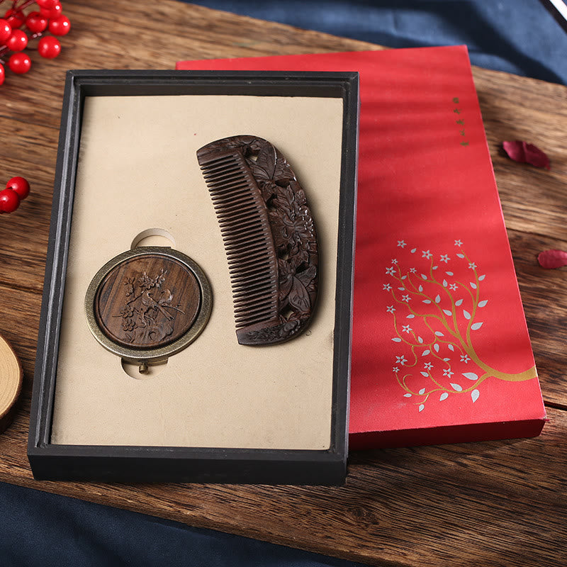 Peine calmante grabado de mariposa de pavo real, flor de loto de palisandro de sándalo verde Natural