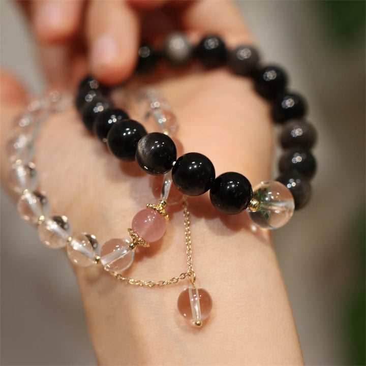 Pulsera de pareja de Color Yin Yang con protección de cristal blanco de cristal rosa obsidiana con brillo de plata Natural
