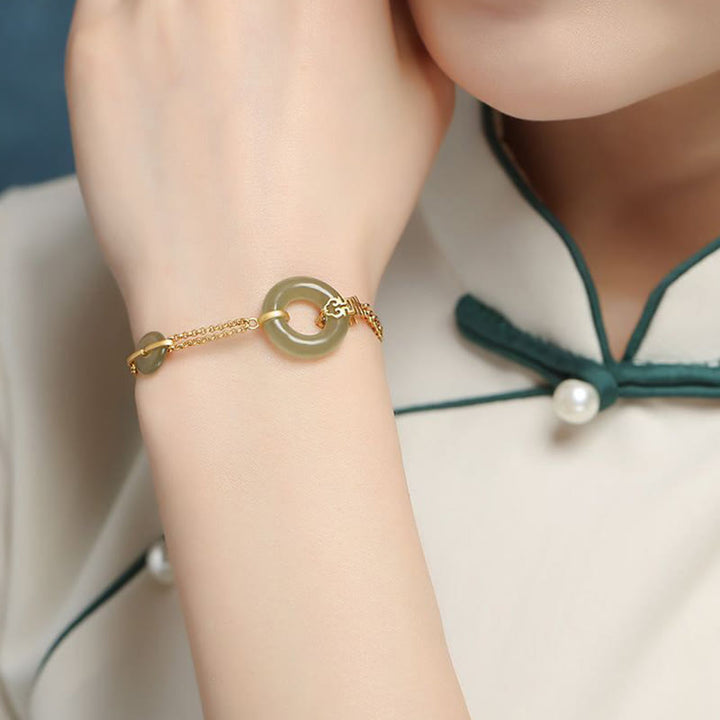 Pulsera de cadena de prosperidad auspiciosa con personaje Fu de calabaza con hebilla de paz redonda de Jade