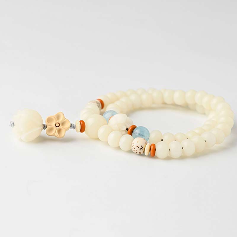 Pulsera de bendición de loto Bodhi de jade blanco tibetano con Buddha Stones