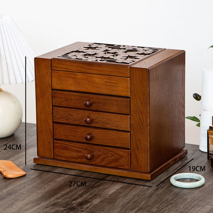 Caja de almacenamiento de joyería de madera de gran capacidad Vintage con Buddha Stones con espejo