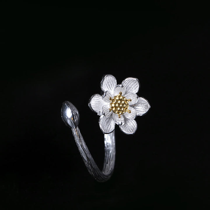 Anillo de bendición de flor de loto de plata de ley 925 con Buddha Stones