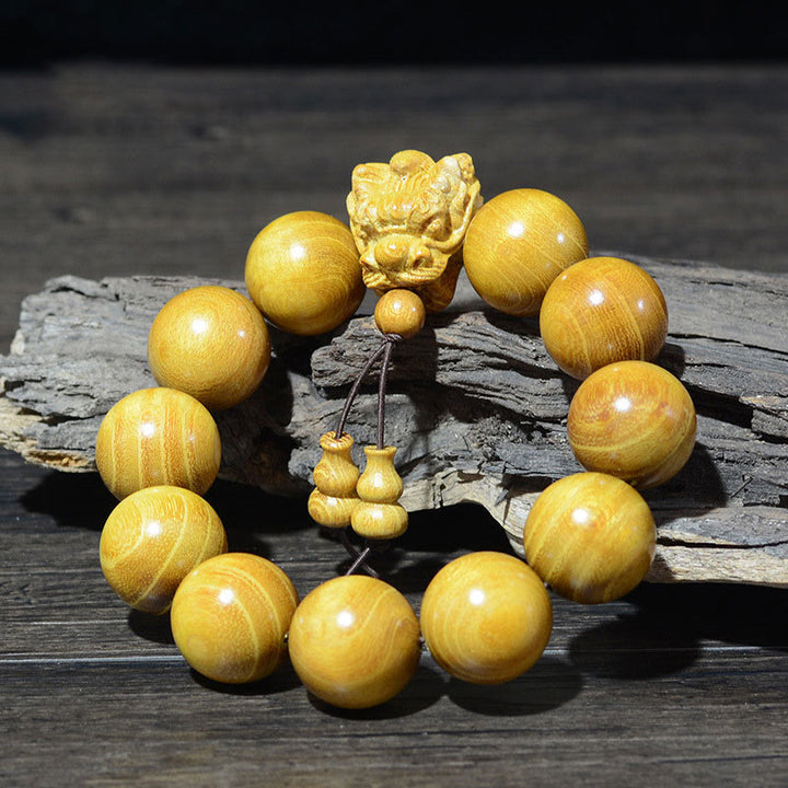Pulsera de protección tallada con dragón de madera de agar, Buddha Stones , palisandro, sándalo verde, hoja pequeña, sándalo rojo
