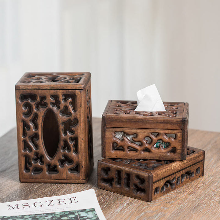 Caja de pañuelos de madera Retro, soporte de pañuelos de madera grabado, cajas de toallitas, decoración - image 0