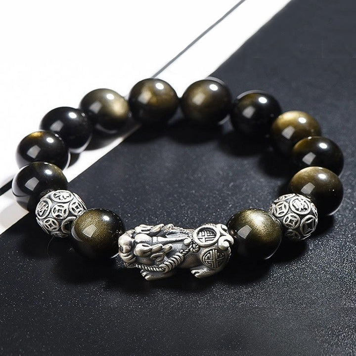 Pulsera de protección de la riqueza PiXiu de obsidiana brillante de oro natural de plata de ley 925 con Buddha Stones