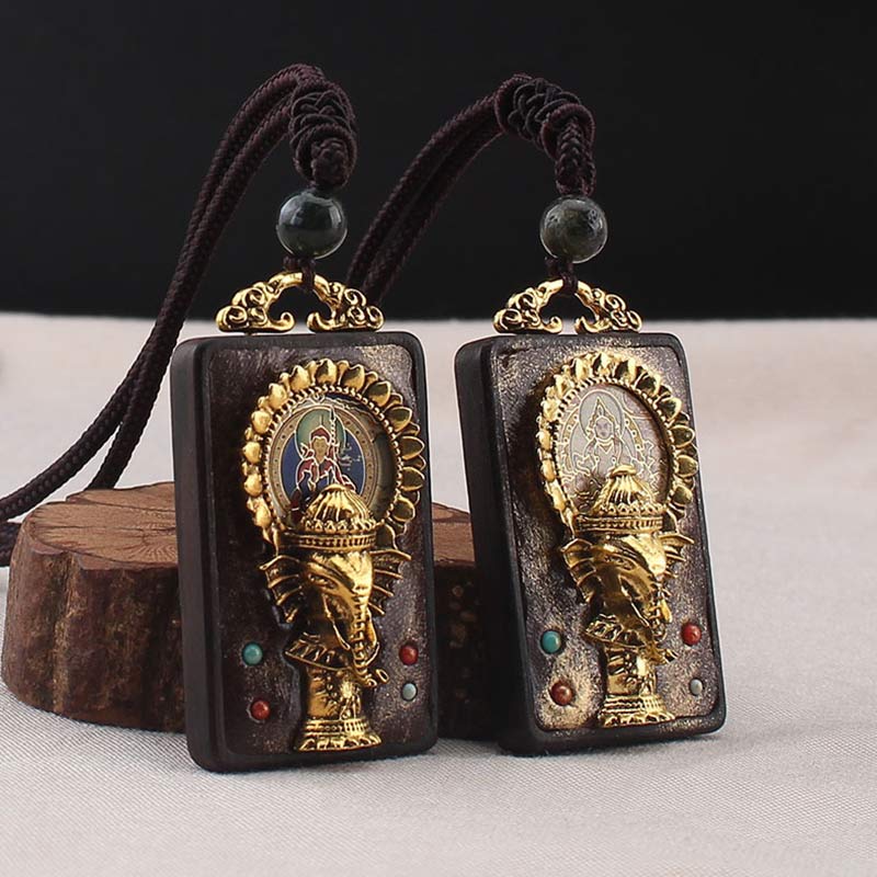 Colgante de cuerda con collar de bendición de Buda, Dios de la fortuna, elefante de madera de ébano