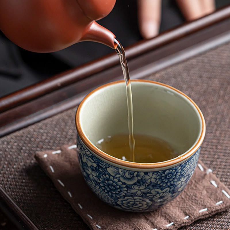 Tazas de té de cerámica con diseño de crisantemo, loto azul, flor de melocotón, Buddha Stones, tazas de té de Kung Fu