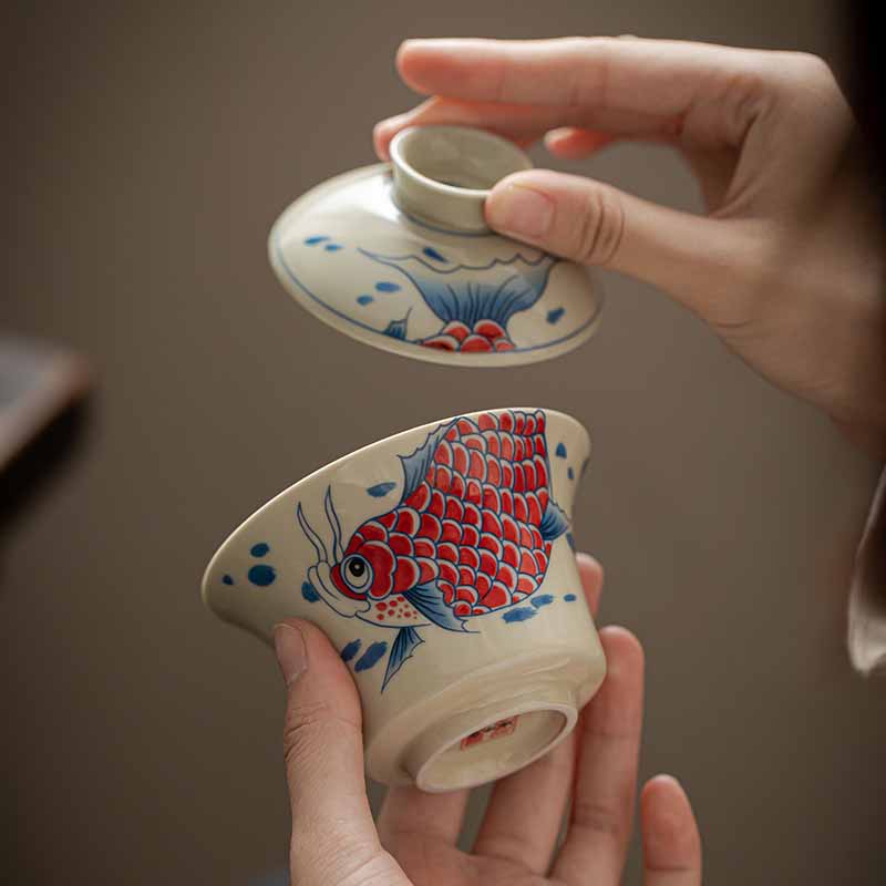 Buddha Stones Koi Arowana cerámica Gaiwan Sancai taza de té Kung Fu con tapa 130ml