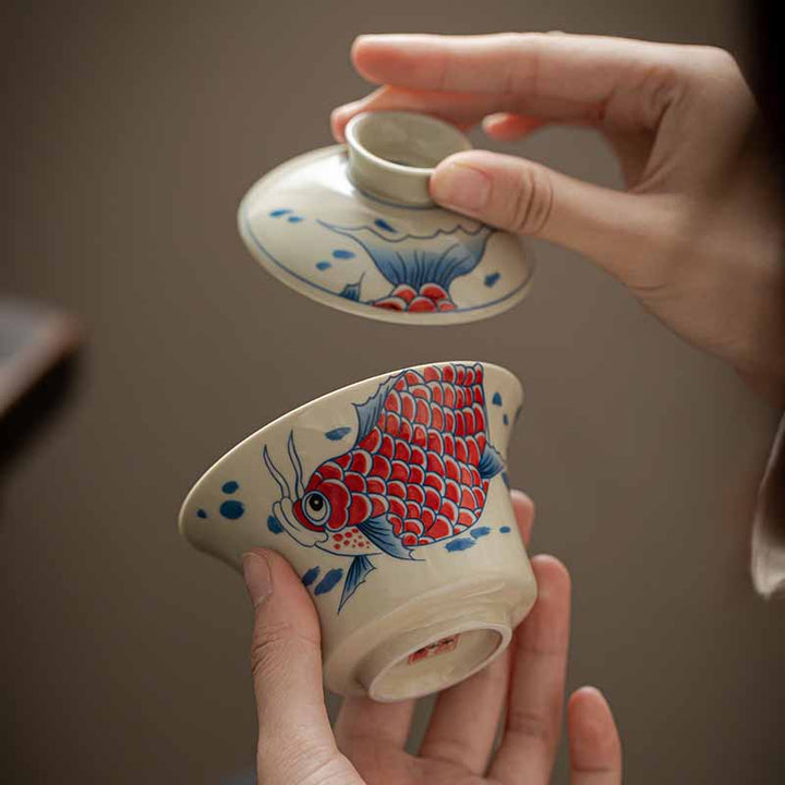 Buddha Stones Koi Arowana cerámica Gaiwan Sancai taza de té Kung Fu con tapa 130ml