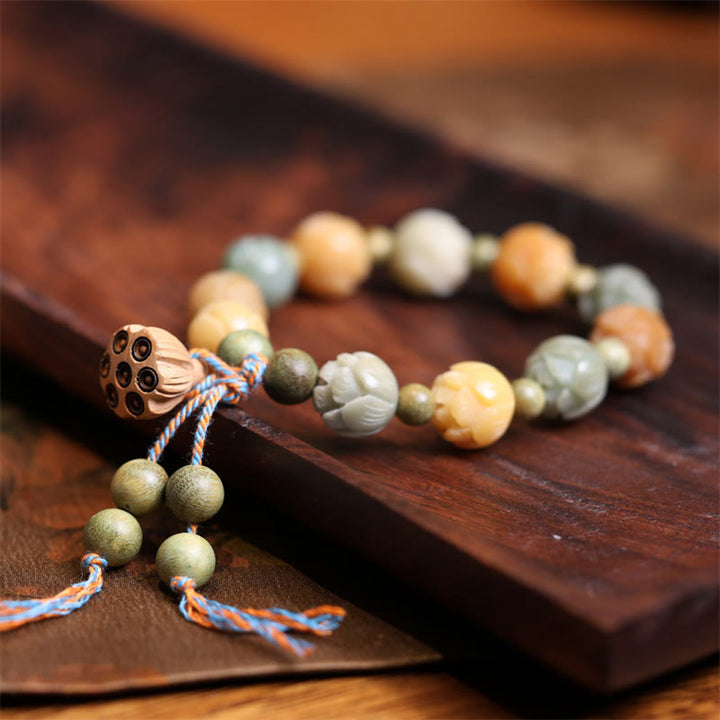 Pulsera de armonía de sabiduría de sándalo verde de loto con semillas de Bodhi de Buddha Stones