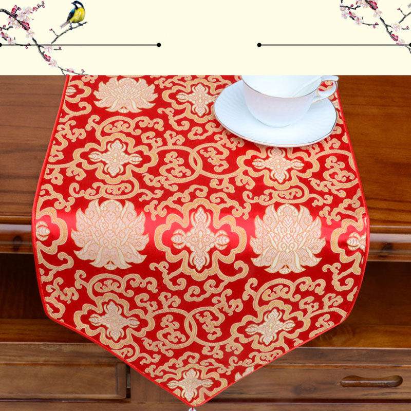 Camino de mesa Jacquard con borlas y símbolos propicios tibetanos con diseño de dragón Vajra y flores de altar de oración