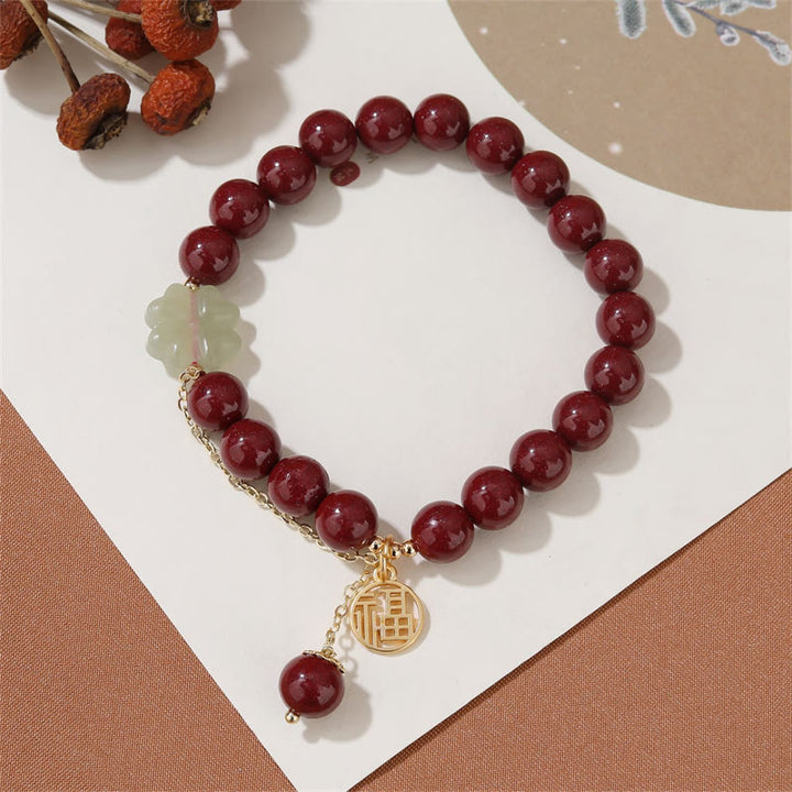 Pulsera de bendición con trébol de cuatro hojas de la suerte, Jade hetiano, cinabrio, Buddha Stones