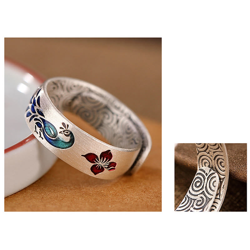 Anillo de plata de ley 999 con Buddha Stones , diseño de pavo real, nubes propicias, flor de loto grabada
