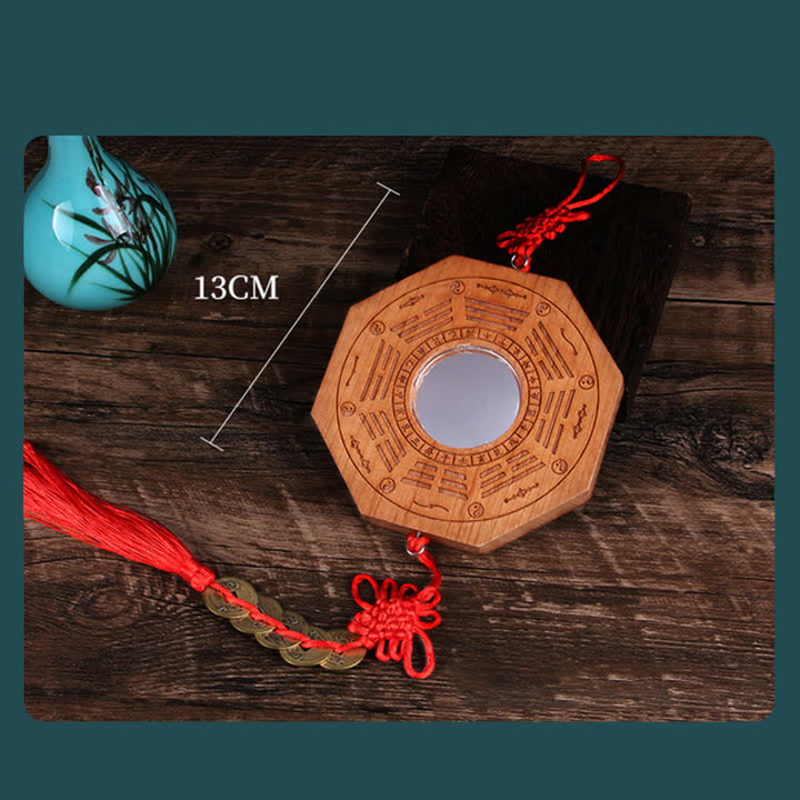 Feng Shui Bagua Mapa Madera de Durazno Monedas de Cinco Emperadores Equilibrio de Nudos Chinos Espejo de Mapa de Energía