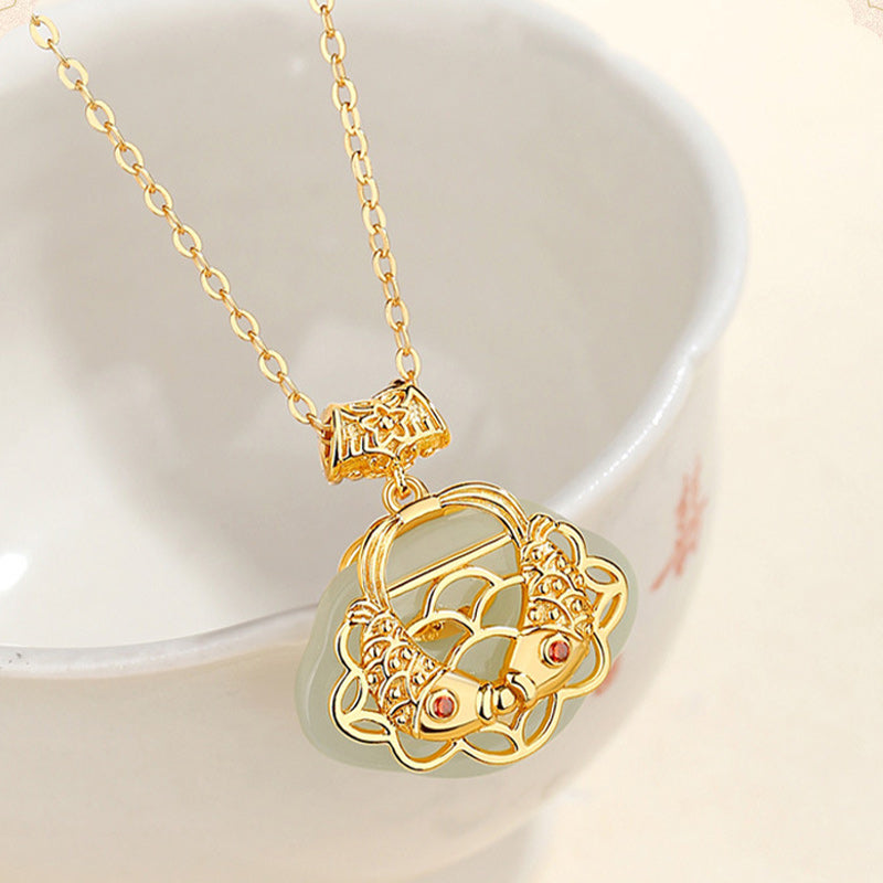 Collar con colgante de plata de ley 925 con Buddha Stones , jade hetiano natural, pez Koi