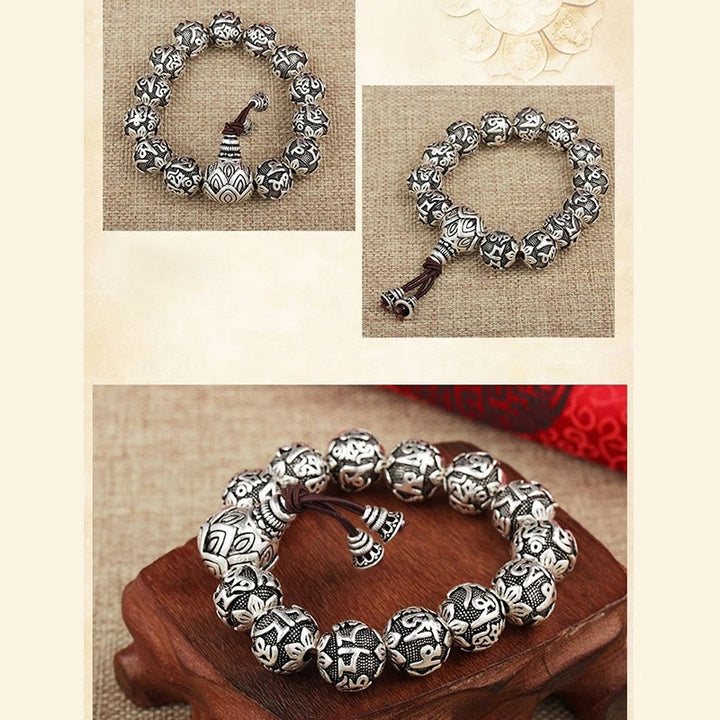 Pulsera de amuleto de cuentas de aleación tallada Om Mani Padme Hum tibetano con Buddha Stones