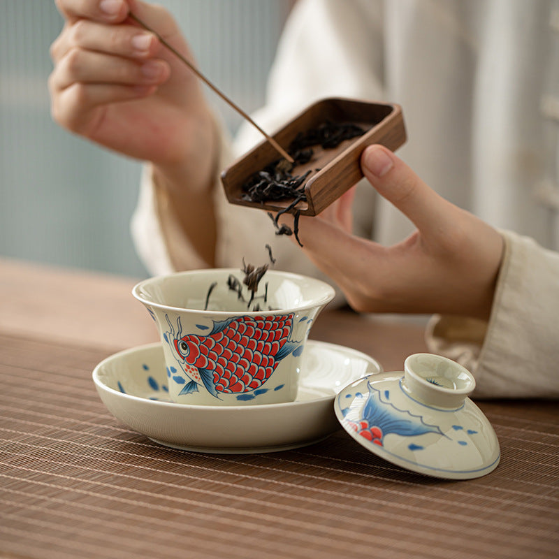 Buddha Stones Koi Arowana cerámica Gaiwan Sancai taza de té Kung Fu con tapa 130ml