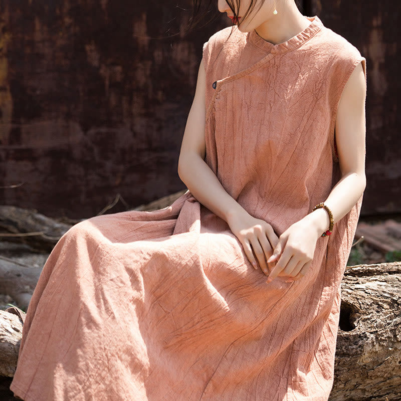 Vestido midi teñido anudado hecho a mano con Buddha Stones Vestido sin mangas de lino