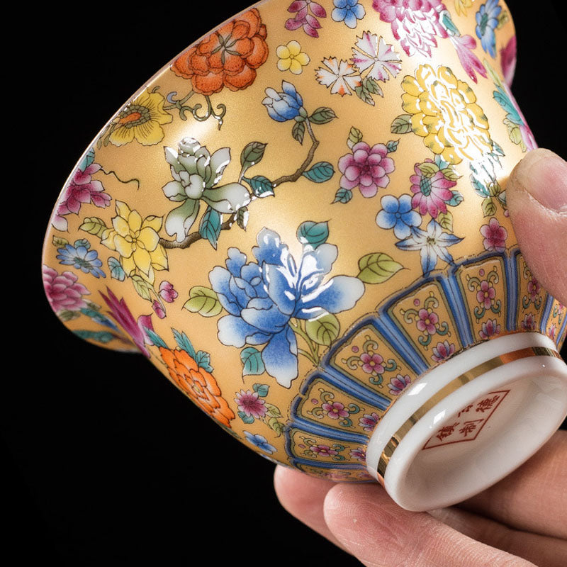 Taza de té y platillo con tapa, Gaiwan Sancai de cerámica, flores de peonía, Buddha Stones , Kung Fu