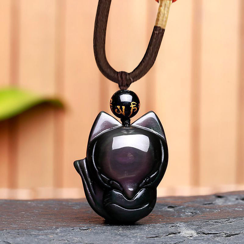 Buddha Stones, obsidiana arcoíris Natural, brillo dorado, obsidiana, zorro de nueve colas, colgante positivo - Zorro de obsidiana arcoiris - image 11