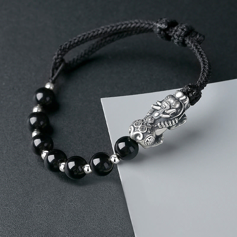 Buddha Stones, Plata de Ley 999, FengShui PiXiu, obsidiana negra Natural, pulsera resistente con cuentas de plata esterlina 925