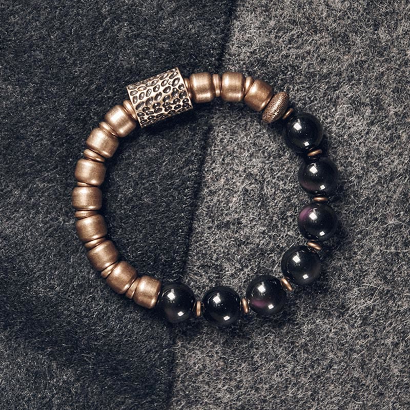 Buddha Stones, piedra de roca de Lava, obsidiana arcoíris, soporte de cobre, pulsera curativa
