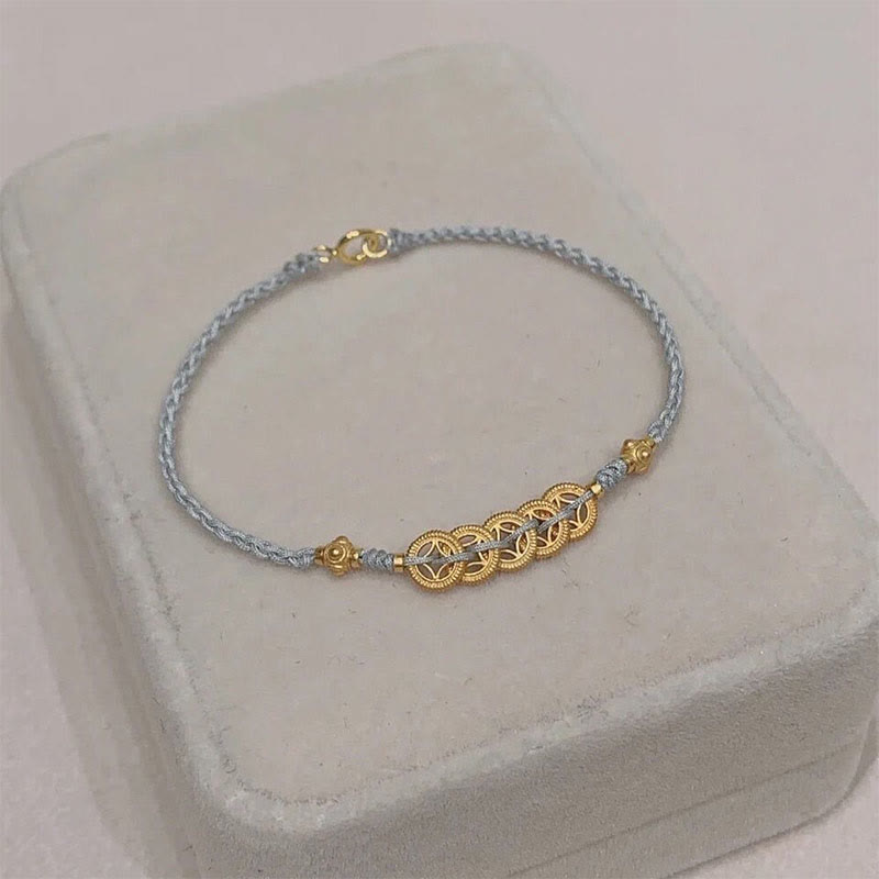 Pulsera trenzada de cuerda azul con Buddha Stones, moneda de cobre, árbol de la fortuna, perla, suerte