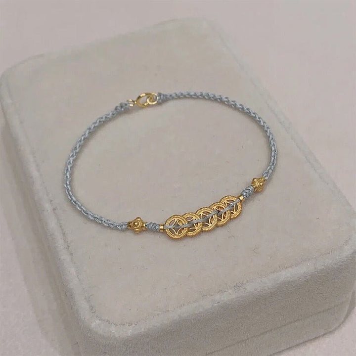 Pulsera trenzada de cuerda azul con Buddha Stones, moneda de cobre, árbol de la fortuna, perla, suerte