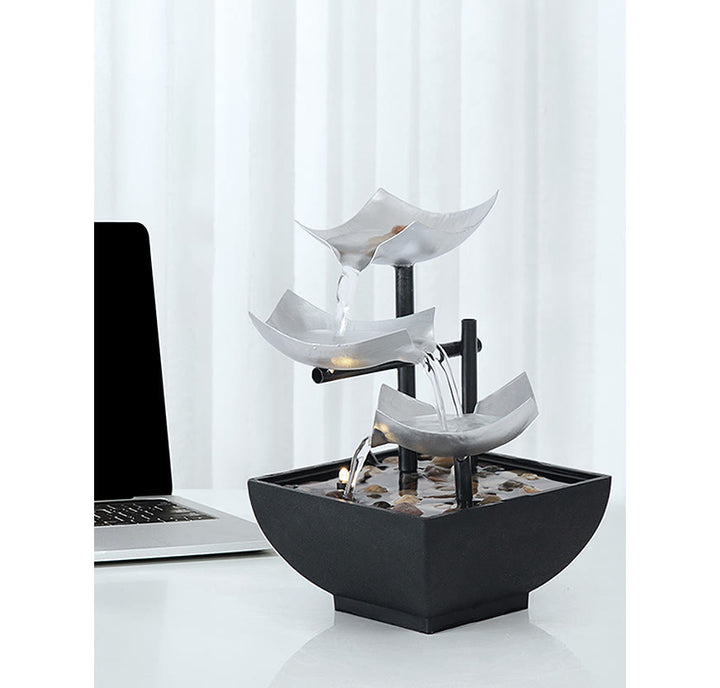 Adornos de loto de mesa de fuente de cascada de tres capas con decoración de escritorio de rocas de río - image 4