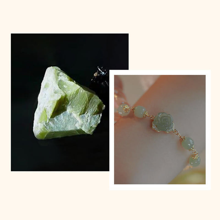 Pulsera de cadena de la suerte con flor de rosa de jade hetiano chapada en oro de 14 quilates con Buddha Stones