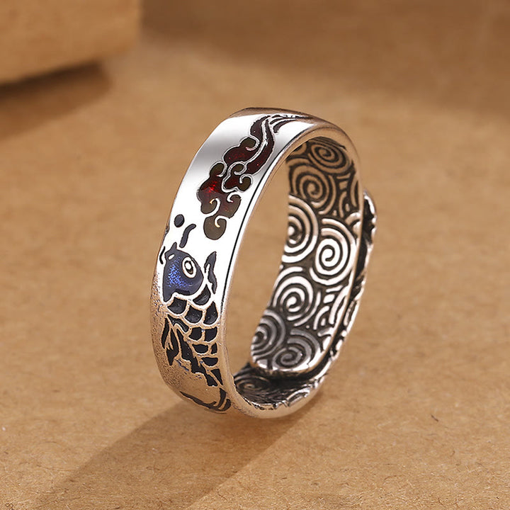 Buddha Stones Pez Koi Diseño de nube propicia Suerte Anillo de riqueza