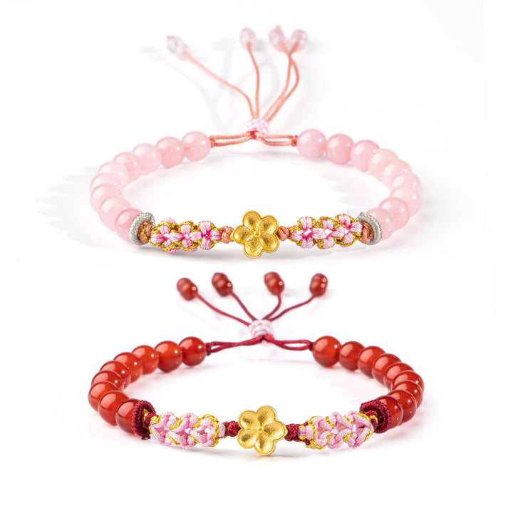 Pulsera de plata de ley 999 con Buddha Stones , ágata roja natural, cristal rosa, flor de cerezo