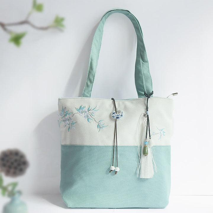 Bolso de hombro de gran capacidad con bordado de bambú, flor de pera, ciruelo, flor de melocotón, bolso de mano