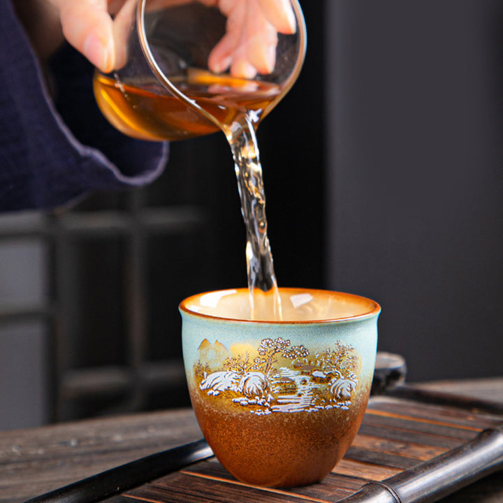 Buddha Stones, ciervo colorido, Pipa, nieve, flores de ciruelo, montañas, ríos, pájaro, taza de té de cerámica, tazón de té de Kung Fu