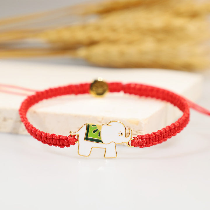 Pulsera de hilo rojo con elefante de la suerte de plata de ley 925 hecha a mano tibetana con Buddha Stones