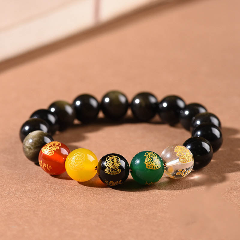 Buddha Stones Obsidiana con brillo dorado Obsidiana arcoíris Obsidiana negra Cinco direcciones Dioses de la riqueza Pulsera