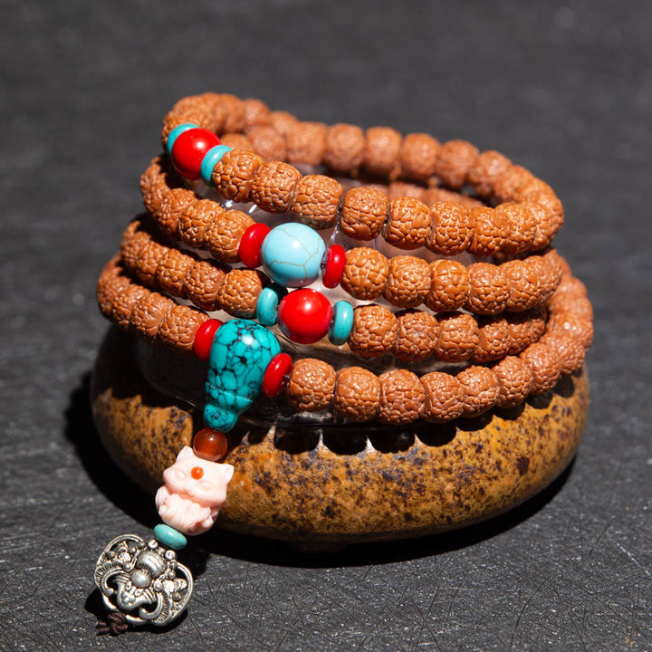 Tíbet 108 Mala cuentas Rudraksha Bodhi semilla zodiaco chino Buda Natal pulsera con dijes de riqueza
