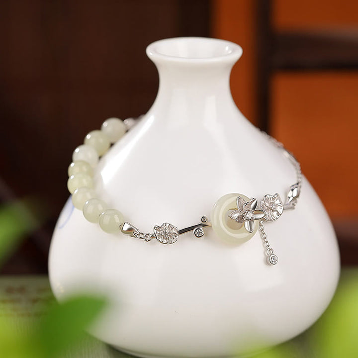 Pulsera de cadena de la suerte de loto con hebilla de la paz de jade hetiano de plata de ley 925 con Buddha Stones - image 8