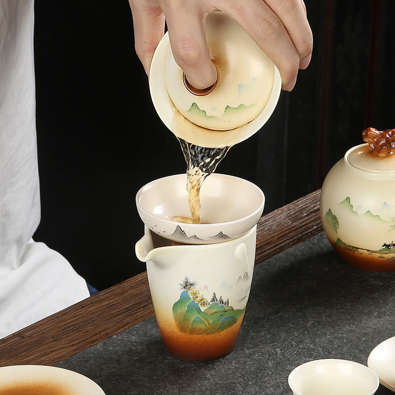 Taza de té y platillo con tapa, cerámica Gaiwan Sancai, paisaje de montaña, paisaje de montaña, Buddha Stones, Kung Fu - image 6