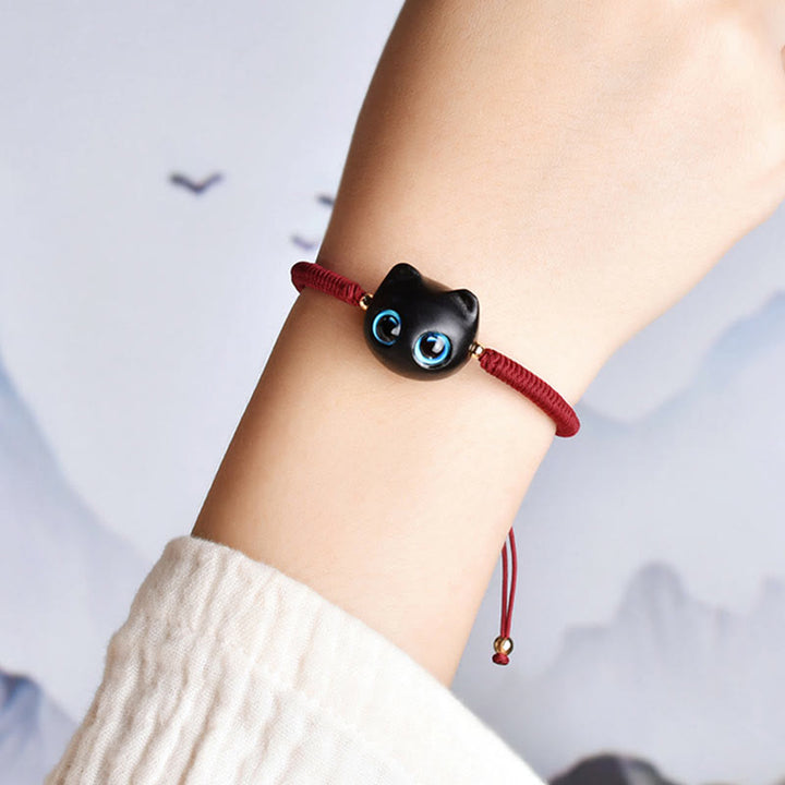 Pulsera trenzada con nudo de King Kong de la paz con patrón de cabeza de gato de madera de ébano con Buddha Stones - image 6
