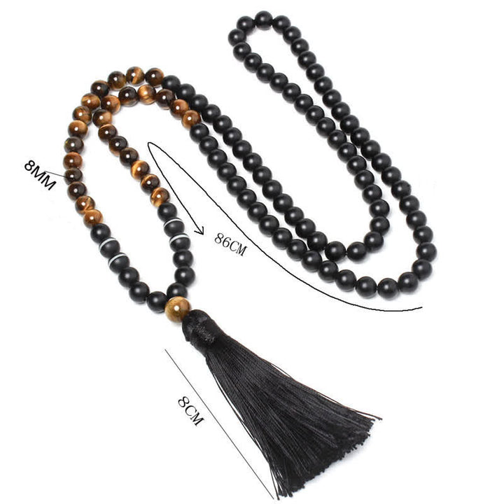 Buddha Stones Ónix negro Ojo de tigre Pulsera de la fortuna Collar con borlas Colgante