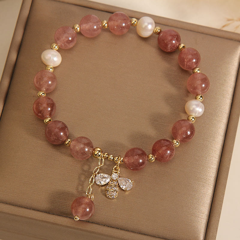 Pulsera con dije positivo de abeja y circonita, Perla de cuarzo fresa y piedras de Buddha Stones