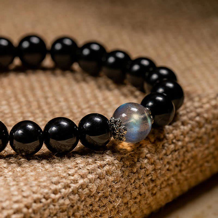 Pulsera de fuerza de piedra lunar de obsidiana negra de plata de ley 925 con Buda natal del zodíaco chino