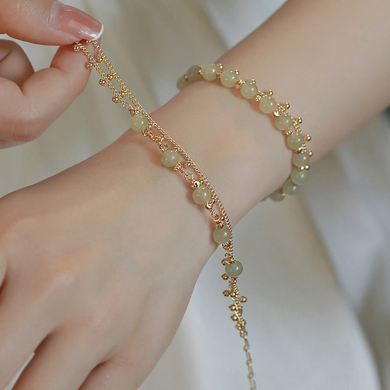 Pulsera de prosperidad de la suerte con cuentas de jade hetiano de 2 capas chapada en oro de 14 quilates