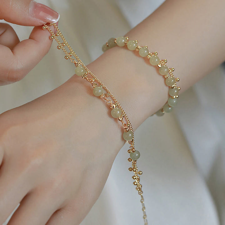 Pulsera de prosperidad de la suerte con cuentas de jade hetiano de 2 capas chapada en oro de 14 quilates