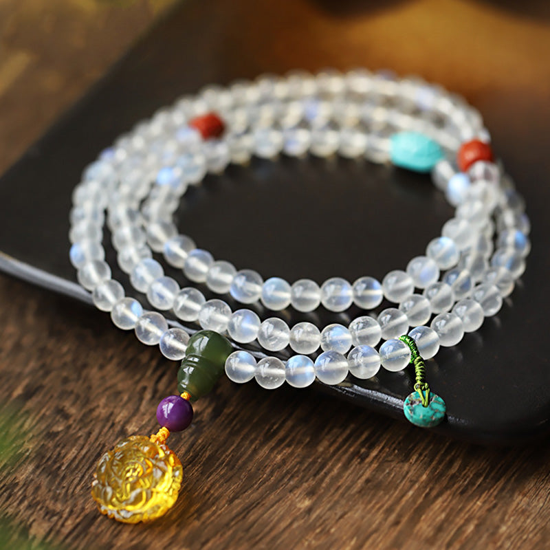 Buddha Stones 108 cuentas Mala piedra lunar ámbar loto turquesa pulsera curativa de cristal