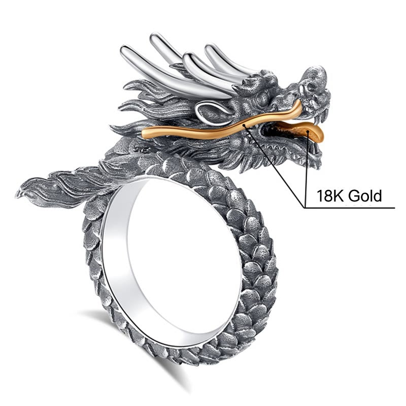 Anillo ajustable de fuerza de protección con diseño de dragón vintage de plata de ley 925 con Buddha Stones - Dragón de plata de ley 925 y oro de 18 quilates - image 7